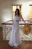  Váy xanh dài bẹt vai có nơ ngay eo JOSEPHINE 