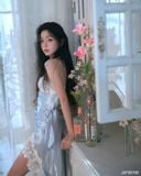  Váy xanh dương tà chéo phối ren trắng JIRENE 