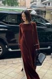  W - Áo dài nâu cổ tròn viền trắng H2B 