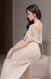  Set váy trắng kem dài áo bẹt vai áo S chân váy L DELICATE 