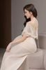 Cho thuê set váy trắng kem dài áo bẹt vai áo S chân váy L DELICATE đi chơi đẹp