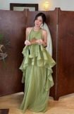  Đầm xanh cổ yếm hở lưng FENG 