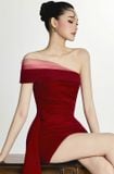  Váy đỏ lệch 1 bên vai ngắn BYDI 