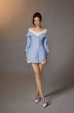  Váy sọc xanh ngắn cổ chữ V phối ren KEIRA TONG 