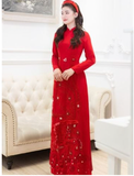  W - Áo dài đỏ cô dâu thêu hoa công LAM KHUE 