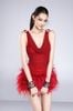 Cho thuê váy đỏ ngắn tà đính lông BANDAGE DRESS đi sự kiện quý phái
