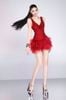 Cho thuê váy đỏ ngắn tà đính lông BANDAGE DRESS đi sự kiện quý phái