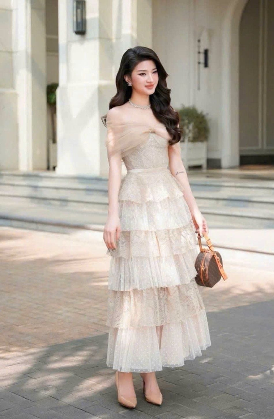  Váy kem bẹt vai nơ SOLARA CASLITADEMINHTHANH 