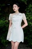  Váy trắng ngắn tay ngắn ren HA THONG 
