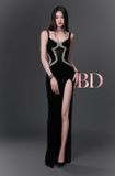  Váy đen dài đính đá 2 bên ngực và xẻ đùi BANDAGE DRESS 