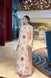  W - Áo dài KIM NHƯỢC hoạ tiết hoa đỏ quần mtl hồng nhạt XÉO XỌ 