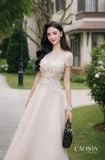  Váy nude dài tay ngắn đính hoa nổi thân trên CASLITADEMINHTHANH 