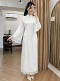  W - Áo dài trắng cổ V tay phối ren KOALIFY 