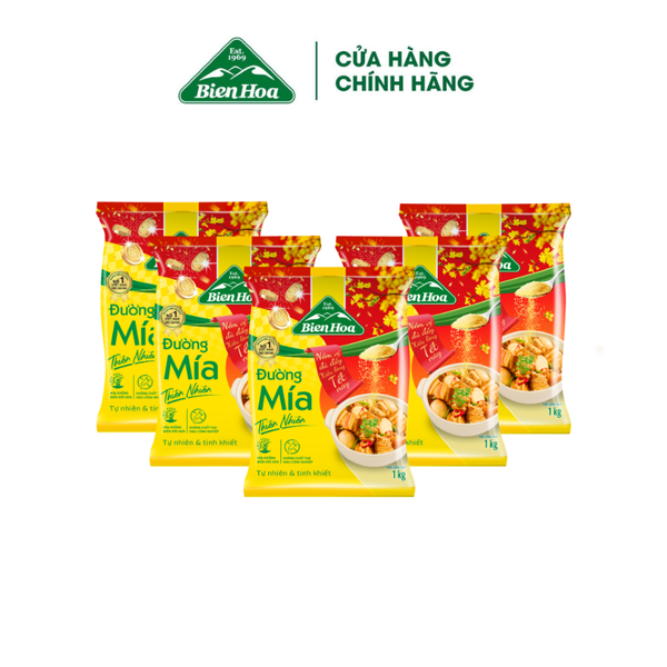  [bao bì tết]Combo 5 Đường mía thiên  nhiên Biên Hòa 1kg/túi 