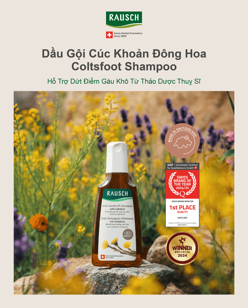 Dầu gội giảm ngứa, sạch gàu Rausch Coltsfoot Cúc Khoản Đông Hoa, thảo dược Thụy Sĩ 200ml