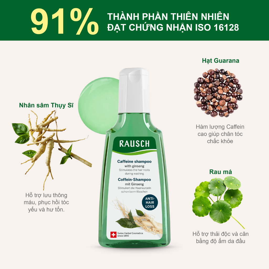 Dầu gội tăng 28% tóc con, giảm rụng 44% Rausch Ginseng Nhân Sâm, thảo dược Thụy Sĩ 200ml