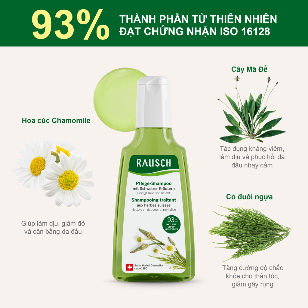 Dầu gội hỗ trợ dưỡng tóc mềm mượt chắc khỏe Rausch Swiss Herbs Thảo Dược Thụy Sĩ 200ml