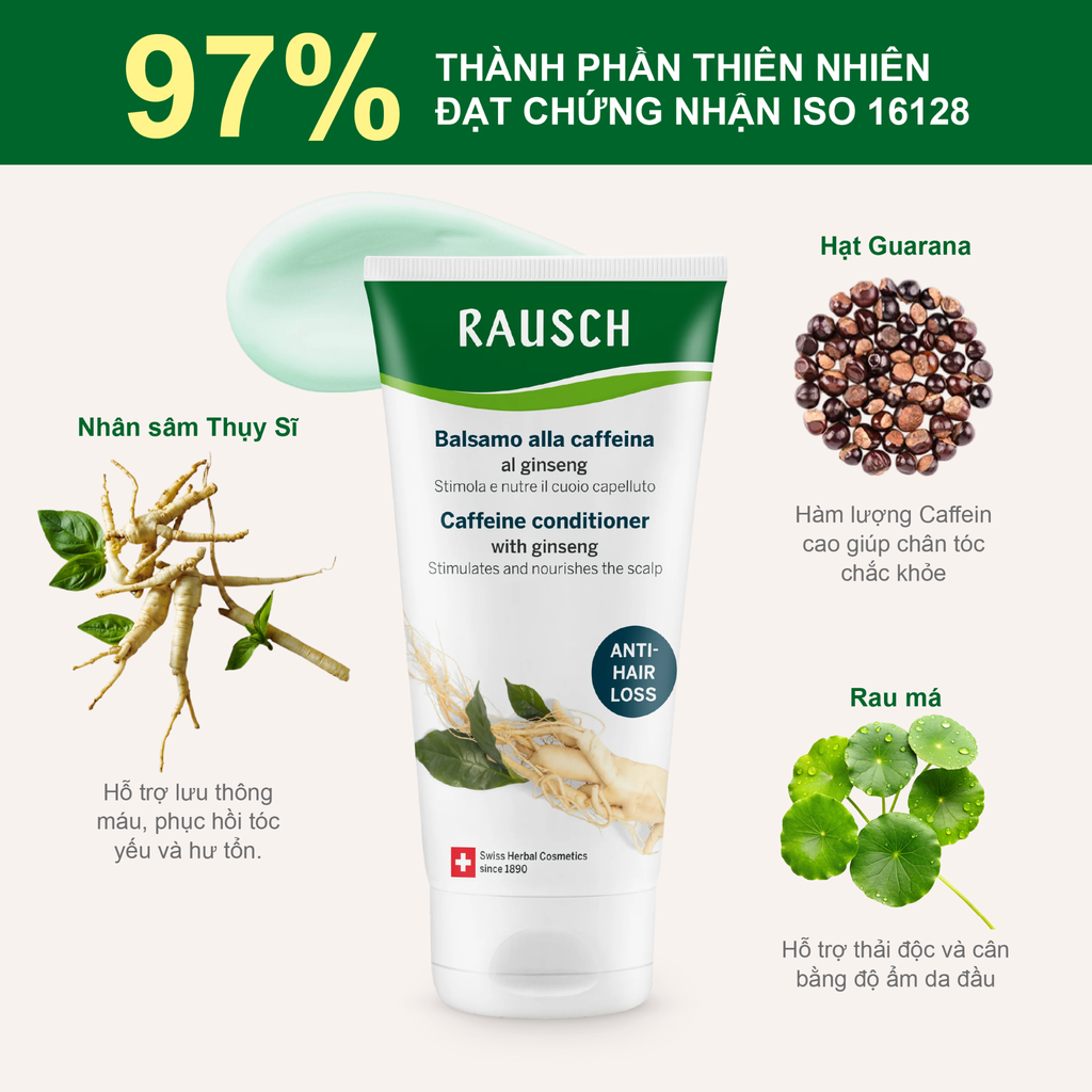 Dầu xả hỗ trợ tăng 28% tóc con, giảm rụng 44% Rausch Ginseng Nhân Sâm, thảo dược Thụy Sĩ 150ml