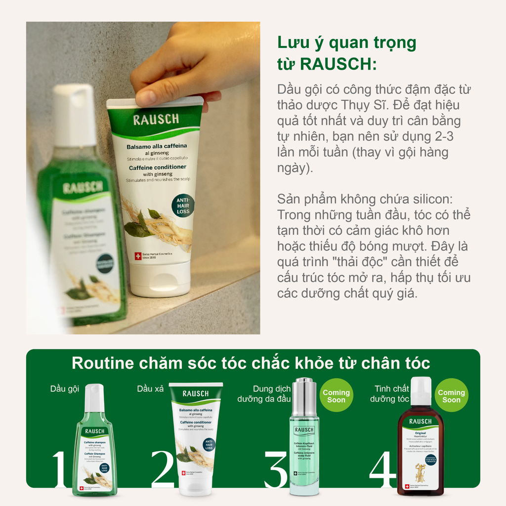 Dầu xả hỗ trợ tăng 28% tóc con, giảm rụng 44% Rausch Ginseng Nhân Sâm, thảo dược Thụy Sĩ 150ml