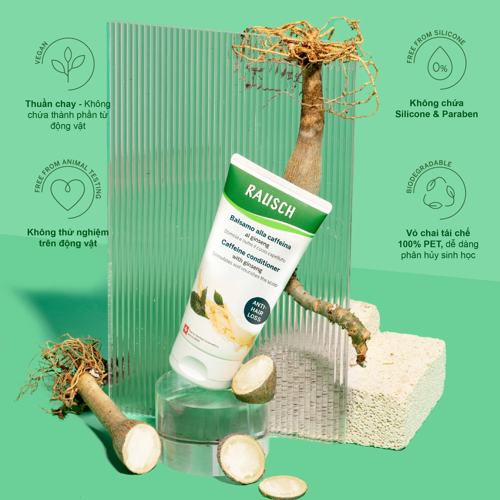 Dầu xả hỗ trợ tăng 28% tóc con, giảm rụng 44% Rausch Ginseng Nhân Sâm, thảo dược Thụy Sĩ 150ml