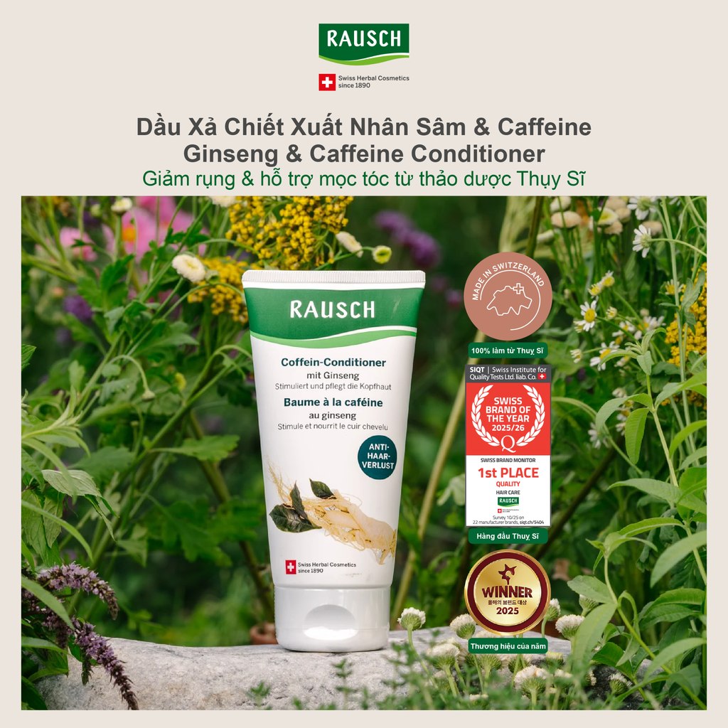 Dầu xả hỗ trợ tăng 28% tóc con, giảm rụng 44% Rausch Ginseng Nhân Sâm, thảo dược Thụy Sĩ 150ml