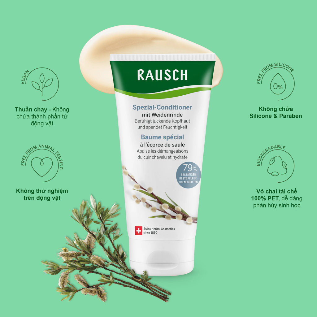 Dầu xả hỗ trợ giảm gàu, giảm bết Rausch Willow Bark Vỏ Cây Liễu Trắng, thảo dược Thụy Sĩ 150ml