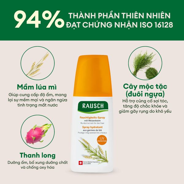 Xịt dưỡng giúp bảo vệ tóc khỏi hư tổn do ánh nắng & tia UV, giúp tóc dễ chải Rausch Wheatgerm 100ml