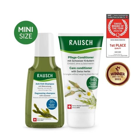 Combo dầu gội hỗ trợ kiềm dầu & giảm nhờn Rausch Seaweed 40ml và dầu xả nuôi dưỡng tóc mềm mượt Rausch Swiss Herbs 30ml