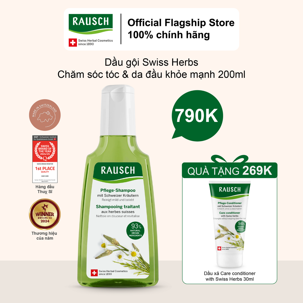 Dầu gội chăm sóc tóc & da đầu khoẻ mạnh Rausch Care Shampoo with Swiss Herbs 200ml