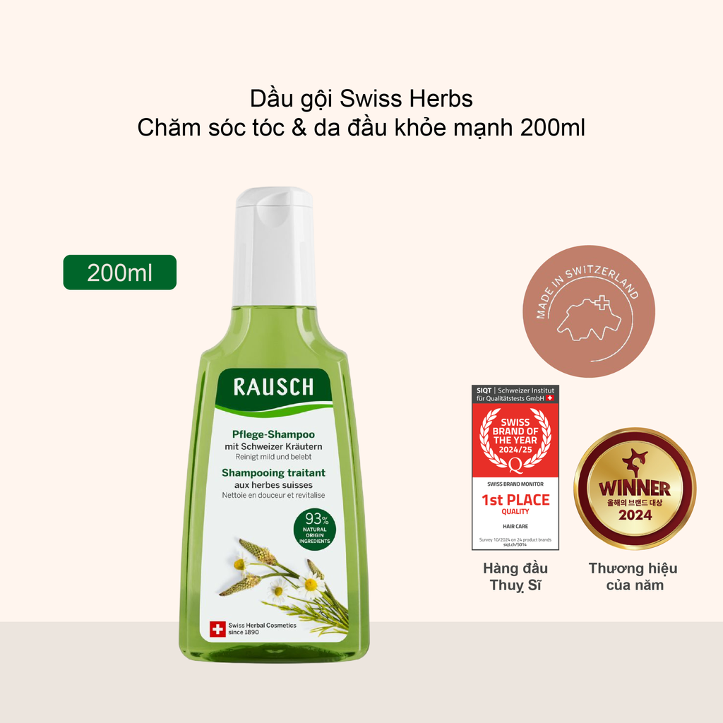 Dầu gội chăm sóc tóc & da đầu khoẻ mạnh Rausch Care Shampoo with Swiss Herbs 200ml
