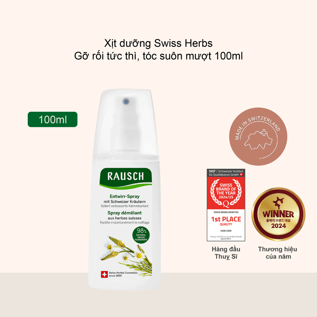 Xịt dưỡng gỡ rối & làm mượt tóc Rausch Detangling Spray Conditioner with Swiss Herbs 100ml