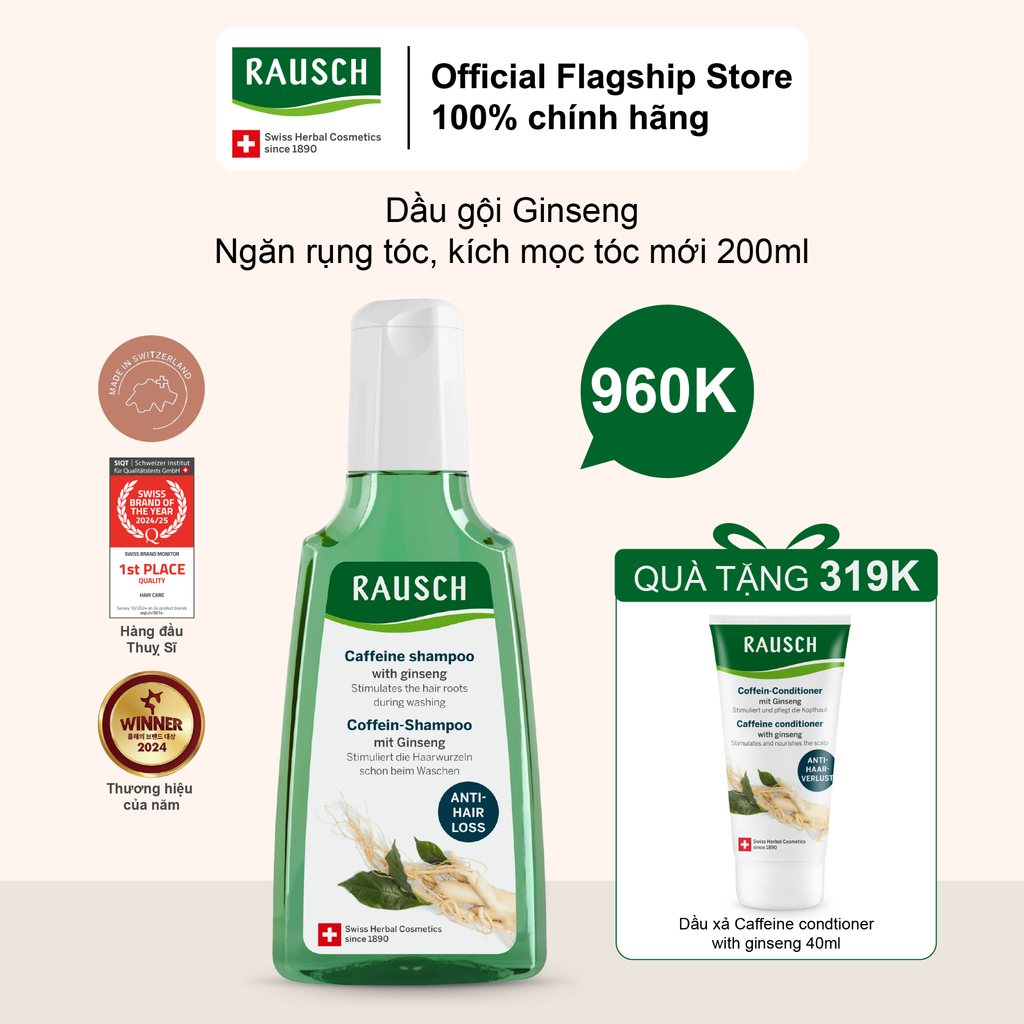 Dầu gội ngăn rụng & hỗ trợ mọc tóc mới Rausch Caffeine Shampoo with Ginseng 200ml