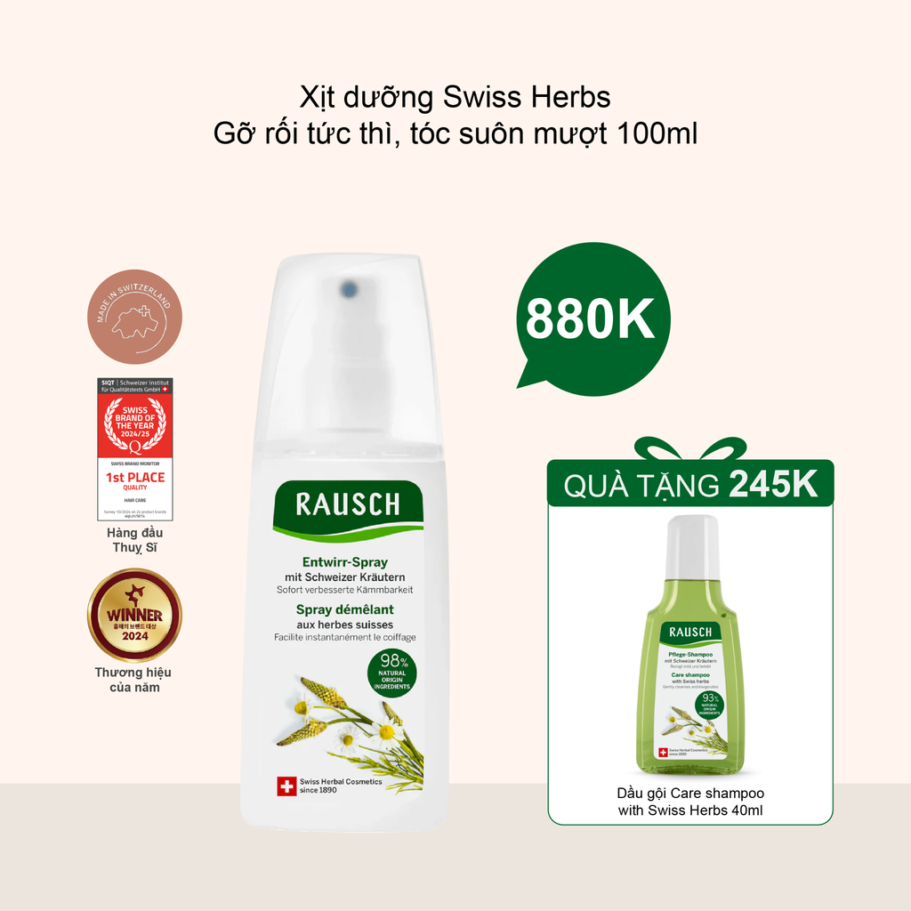 Xịt dưỡng gỡ rối & làm mượt tóc Rausch Detangling Spray Conditioner with Swiss Herbs 100ml