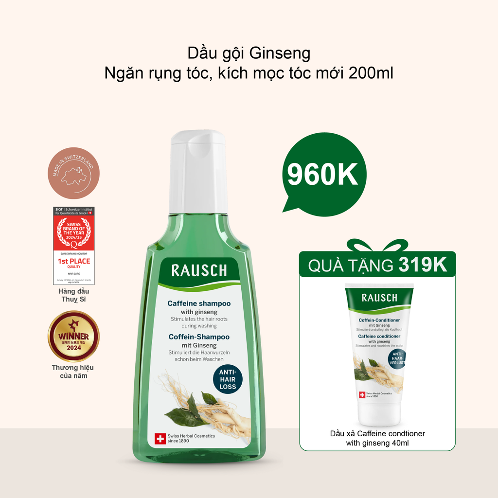 Dầu gội ngăn rụng & hỗ trợ mọc tóc mới Rausch Caffeine Shampoo with Ginseng 200ml