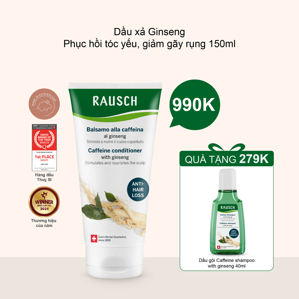 Dầu xả phục hồi tóc yếu & giảm gãy rụng Rausch Caffeine Conditioner with Ginseng 150ml