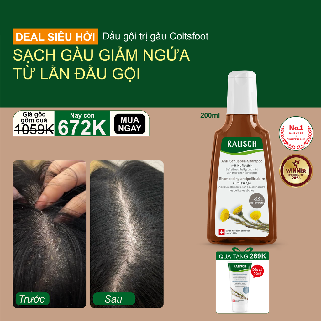 Dầu gội giảm ngứa, sạch gàu Rausch Coltsfoot Cúc Khoản Đông Hoa, thảo dược Thụy Sĩ 200ml