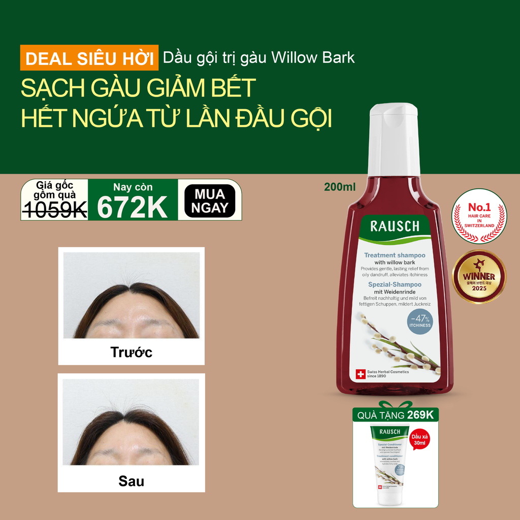 Dầu gội sạch gàu, giảm bết Rausch Willow Bark Vỏ Cây Liễu Trắng, thảo dược Thụy Sĩ 200ml
