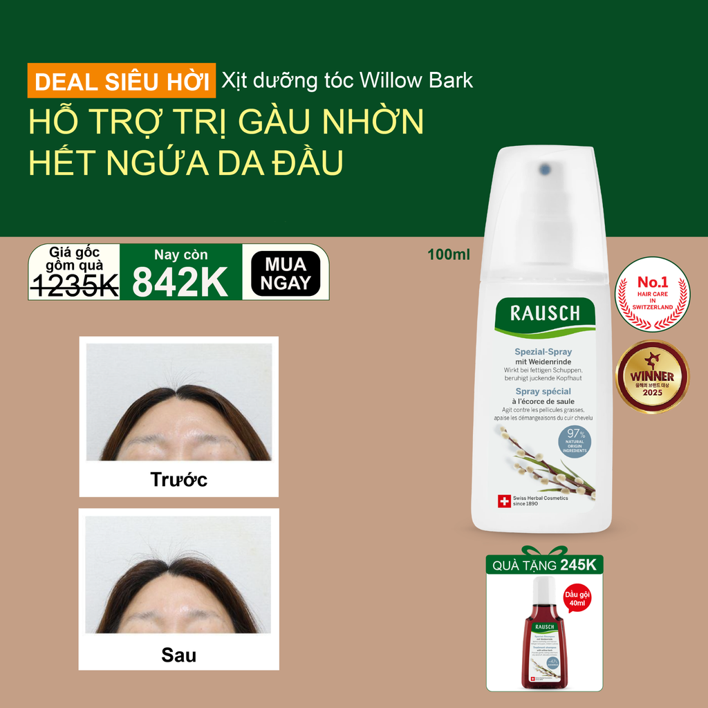 Xịt dưỡng sạch gàu, giảm bết Rausch Willow Bark Vỏ Cây Liễu Trắng, thảo dược Thụy Sĩ 100ml
