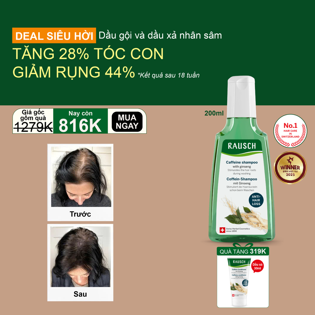 Dầu gội tăng 28% tóc con, giảm rụng 44% Rausch Ginseng Nhân Sâm, thảo dược Thụy Sĩ 200ml