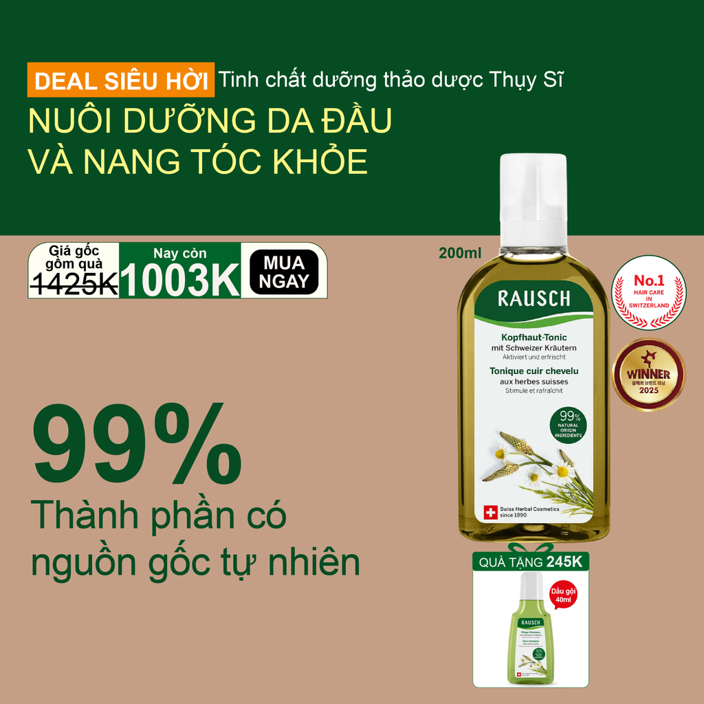 Tinh chất dưỡng tóc mềm mượt chắc khỏe Rausch Swiss Herbs Thảo Dược Thụy Sĩ 200ml