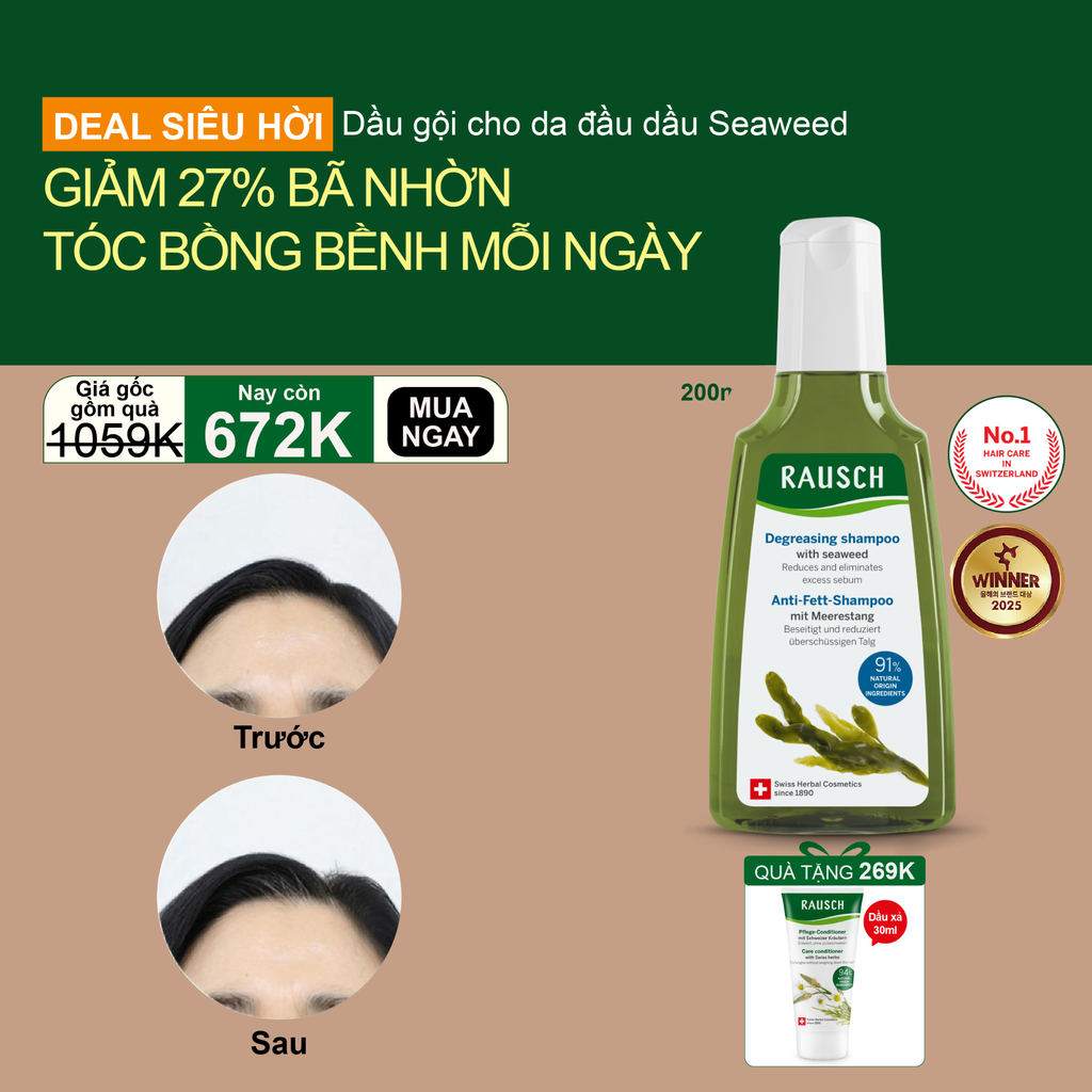 Dầu gội kiềm dầu, giảm nhờn Rausch Seaweed Tảo Biển, thảo dược Thụy Sĩ 200ml