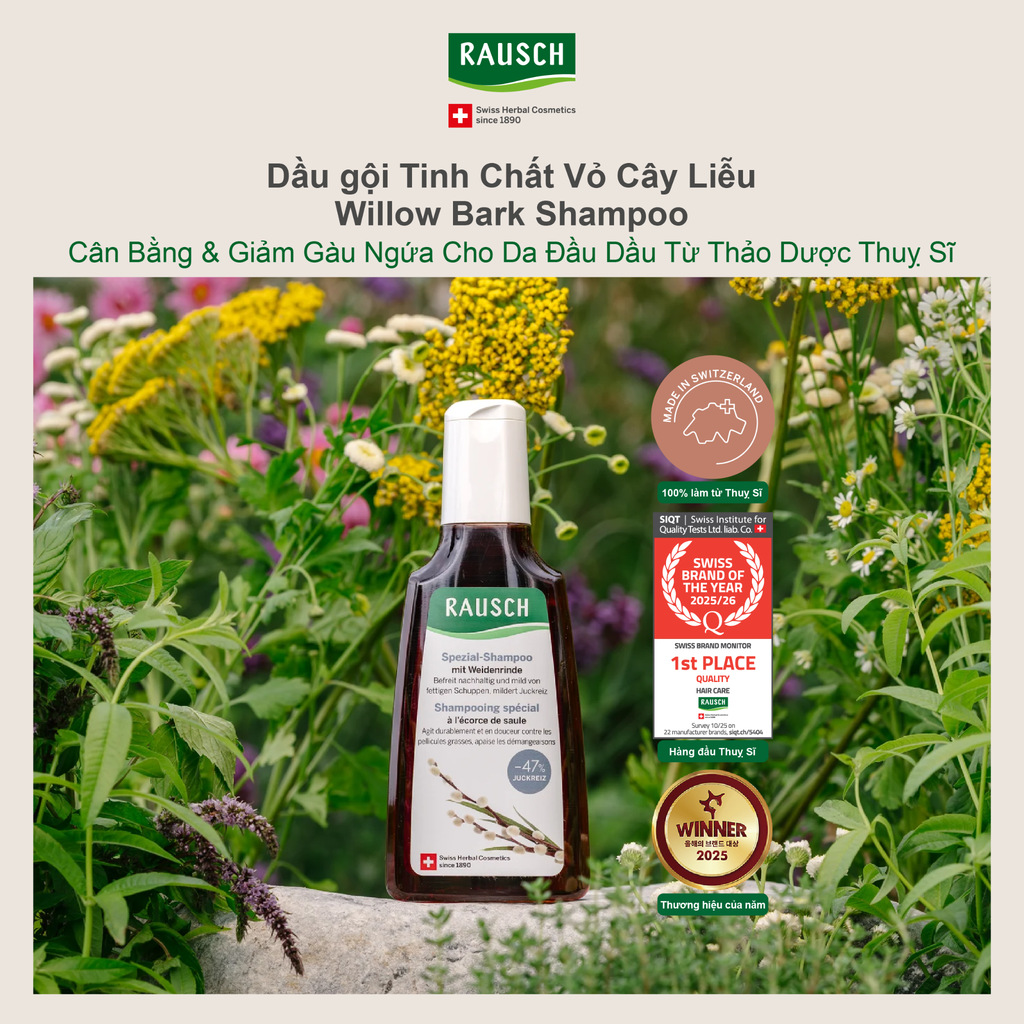Dầu gội sạch gàu, giảm bết Rausch Willow Bark Vỏ Cây Liễu Trắng, thảo dược Thụy Sĩ 200ml