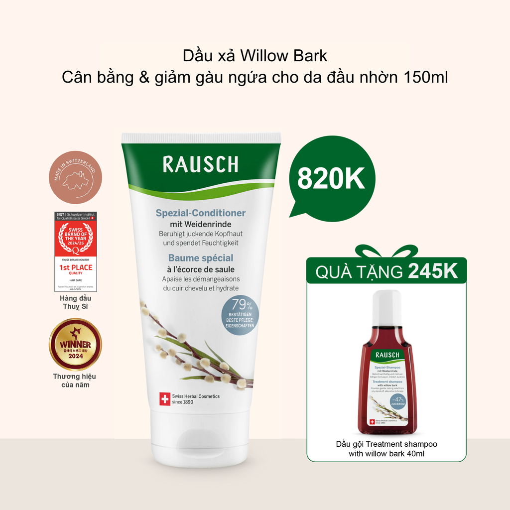 Dầu xả cân bằng & giảm gàu cho da đầu nhờn  Rausch Willow Bark Treatment 150ml