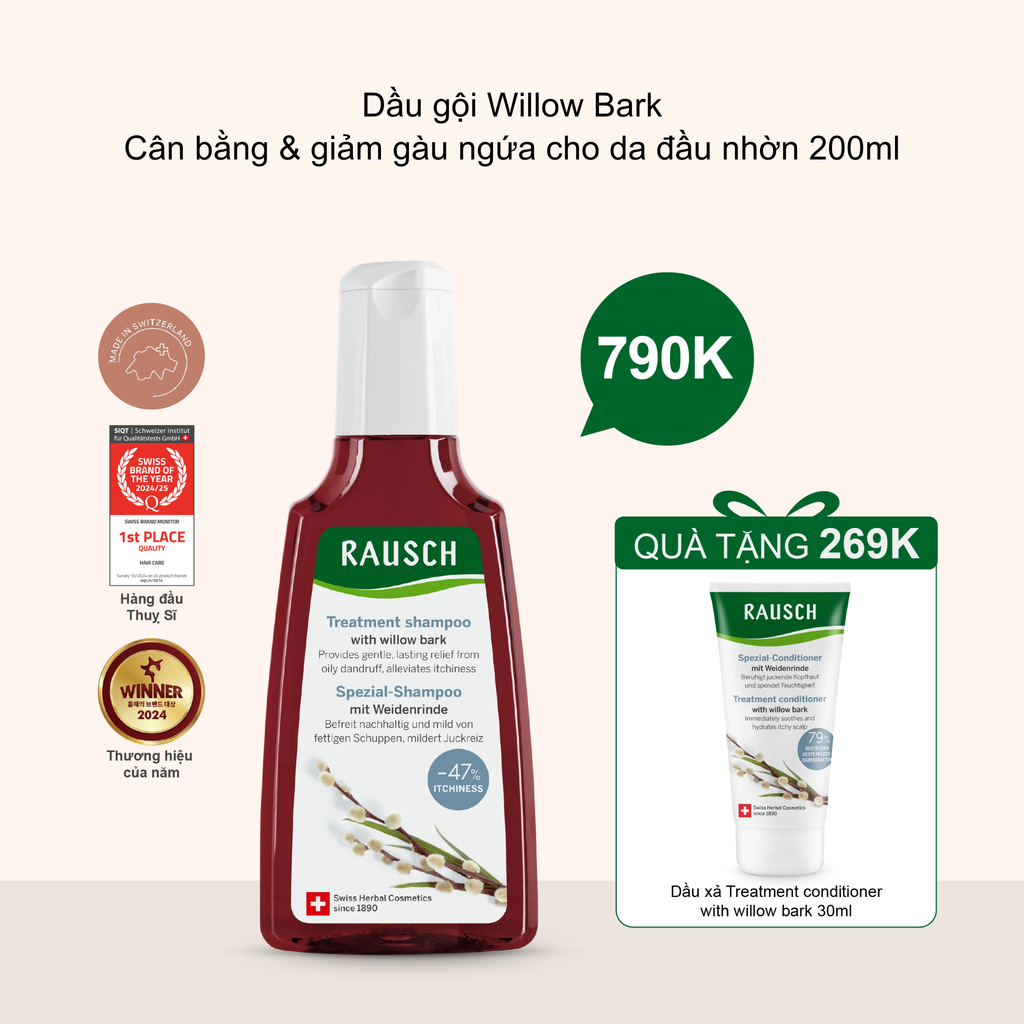 Dầu gội kiềm dầu & giảm gàu cho da đầu nhờn Rausch Treatment Shampoo with Willow Bark 200ml