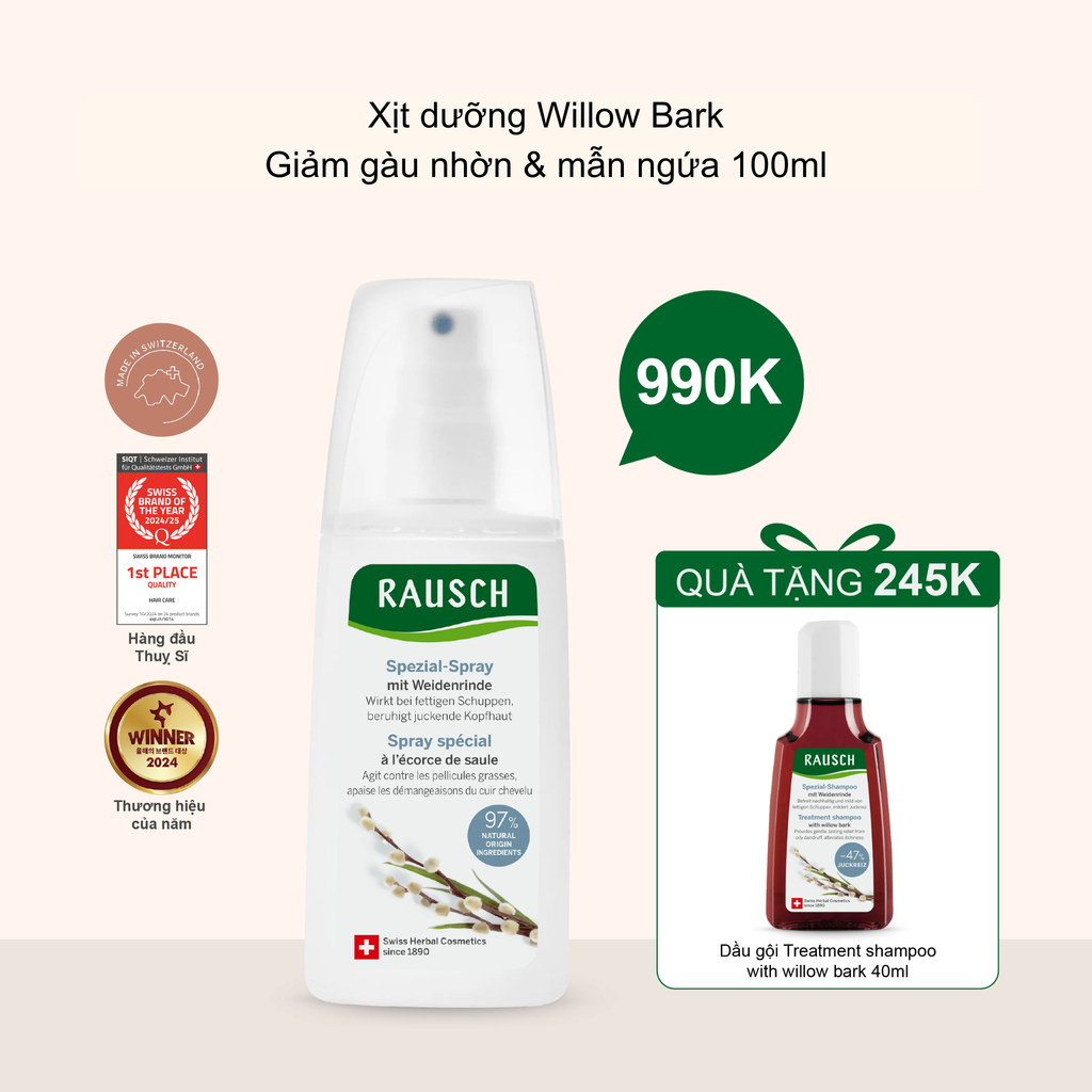 Xịt dưỡng giảm gàu nhờn & mẫn ngứa Rausch Treatment Spray Conditioner with Willow Bark 100ml