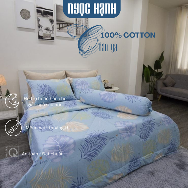 BỘ CHĂN GA COTTON CM LÁ CỌ XANH BIỂN- CHĂN GA COTTON NGỌC HẠNH