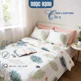  Bộ drap giường 100% Cotton hoạ tiết lá dừa - Drap cotton Ngọc Hạnh 