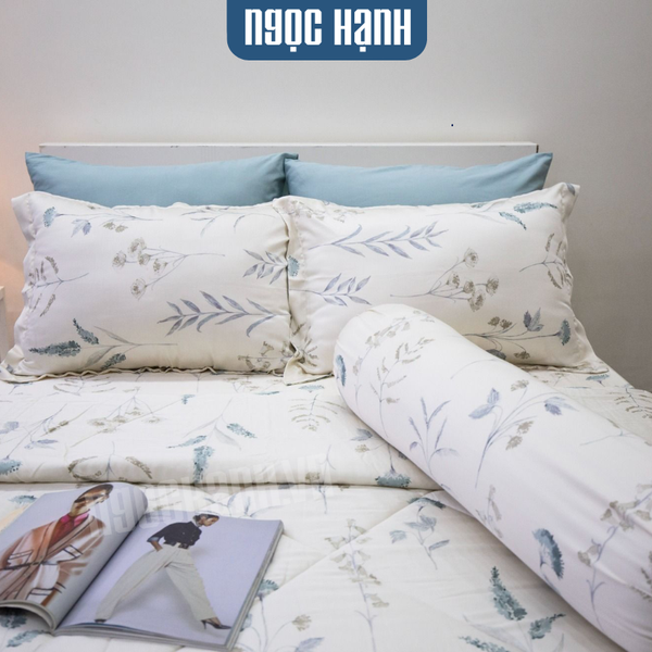Bộ Drap Giường tencel lụa 80s Bông Cỏ Vàng Kem - Ngọc Hạnh Bedding