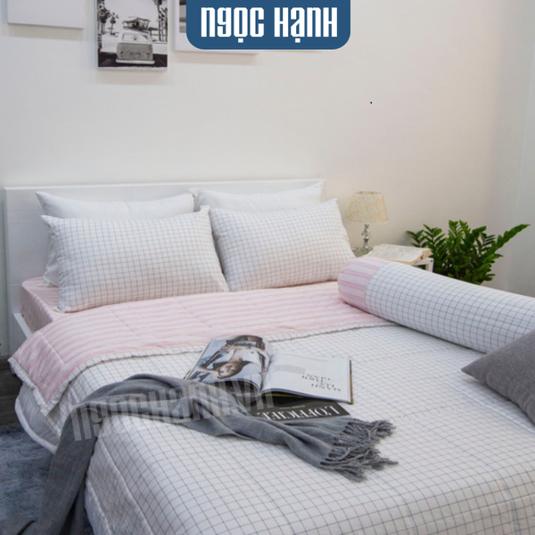 BỘ CHĂN GA COTTON CM CARO TRẮNG HỒNG - NGỌC HẠNH BEDDING