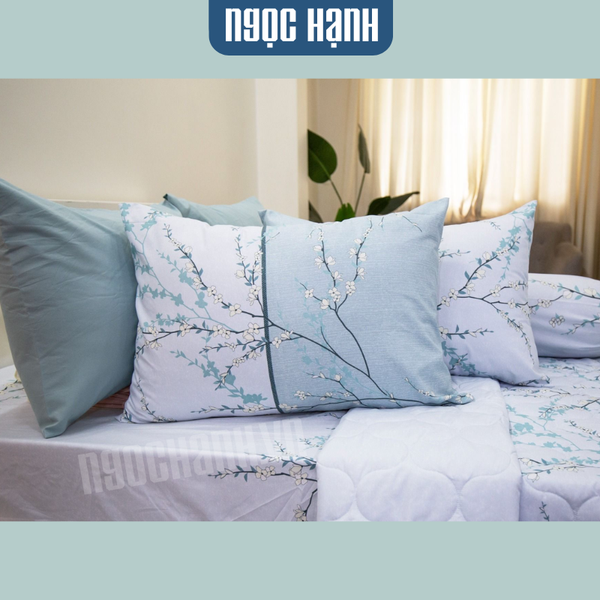 Bộ Drap Giường Microfiber Cành Đào Xanh Mint - Ngọc Hạnh Bedding